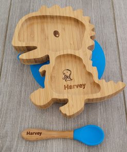 Personalised Dinosaur Bamboo Plate & Spoon - BLUE