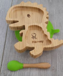 Personalised Dinosaur Bamboo Plate & Spoon - LIME