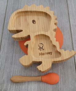 Personalised Dinosaur Bamboo Plate & Spoon - ORANGE