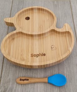 Personalised Duck Bamboo Plate & Spoon - BLUE